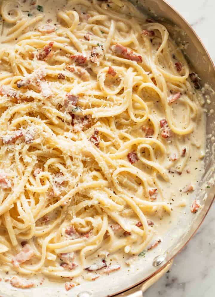Creamy Bacon Alfredo in a silver pan | craveitall.com