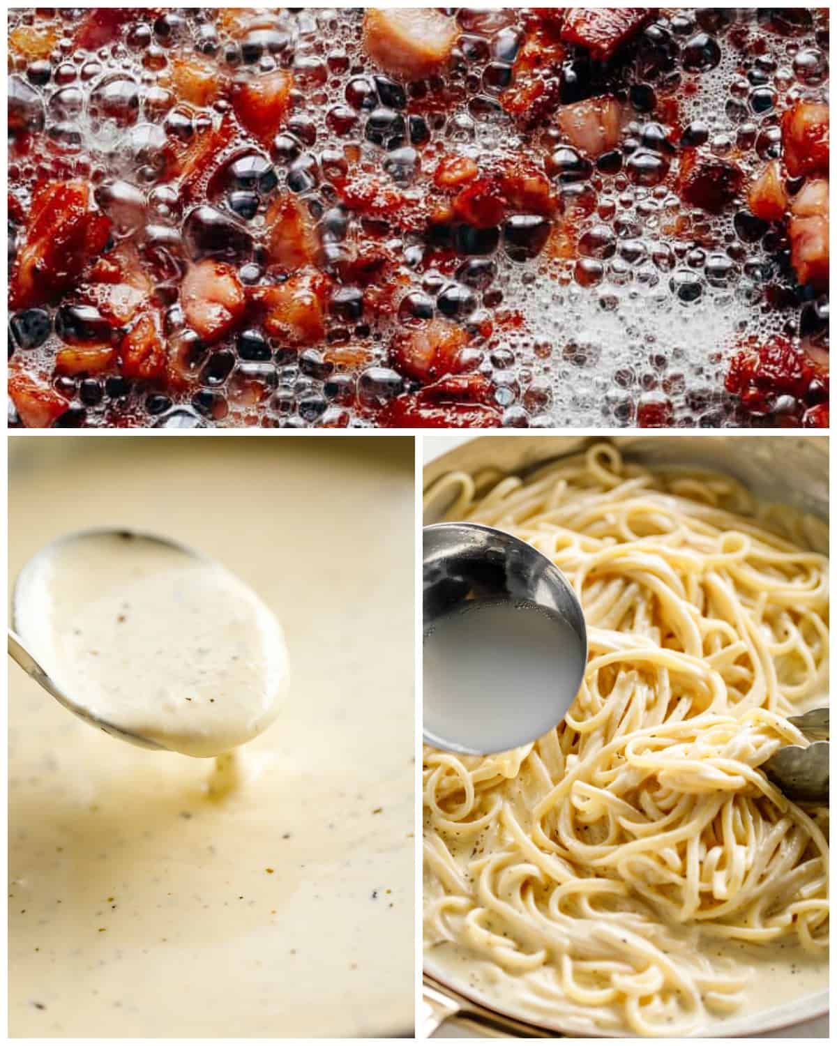 How to make fettuccini Alfredo with steps in a collage. Tp image: frying bacon; Bottom left: The best Alfredo sauce; Bottom Right: Stirring reserved pasta sauce through the cooked pasta in the pan with prepared Alfredo sauce | | craveitall.com